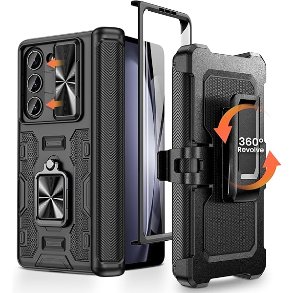for Galaxy Z Fold 5 Case, Samsung Z Fold 5 Case - Built-in Screen Protector & Slide Camera Cover & Magnetic Kickstand & Belt Holster & Hinge Protection for Samsung Galaxy Z Fold 5 5G - Black